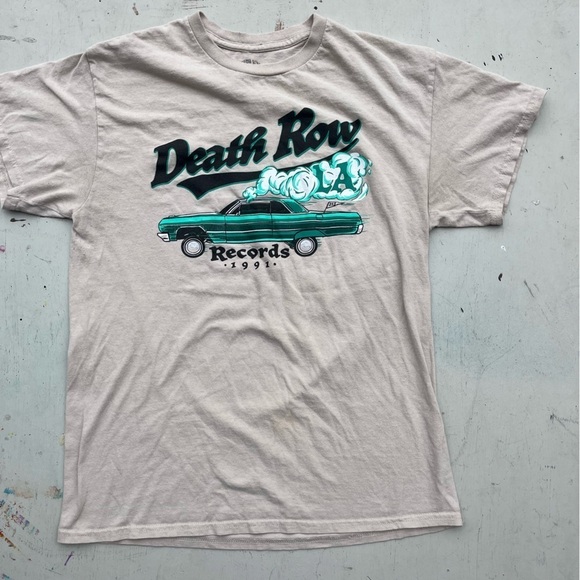 Men's Death Row Records Beige Spell-Out Logo T-Shirt M Crew Cotton 90s Rap LBC - Picture 5 of 13